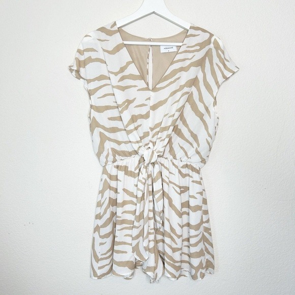 Adrienne Pants - Adrienne Tan and White Zebra Print Tie Elastic Waist Romper M